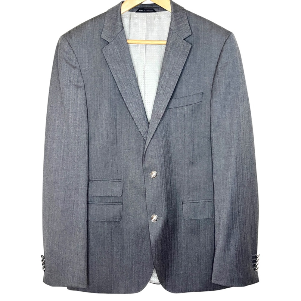 Hugo Boss Mens  Size 40L The Sweet87 Wool Metal Button Herringbone Blazer Jacket